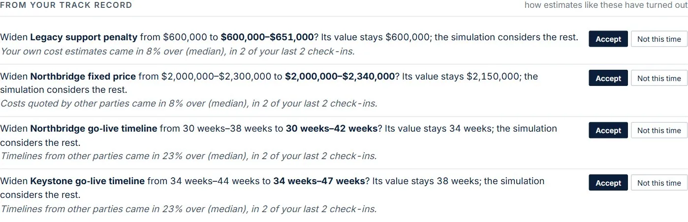 From your track record: widen Northbridge go-live timeline from 30–38 weeks to 30–42 weeks? Timelines from other parties came in 23% over