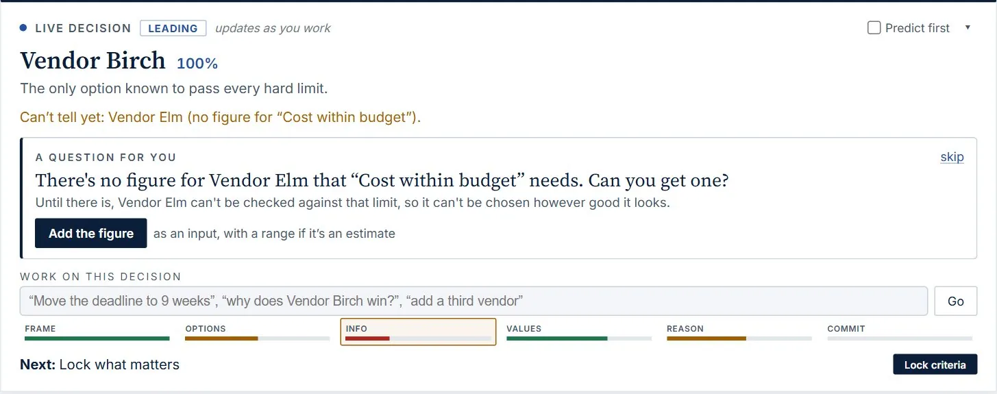 Vendor Birch leads; can't tell yet: Vendor Elm has no figure for the budget limit; a question asks for the figure