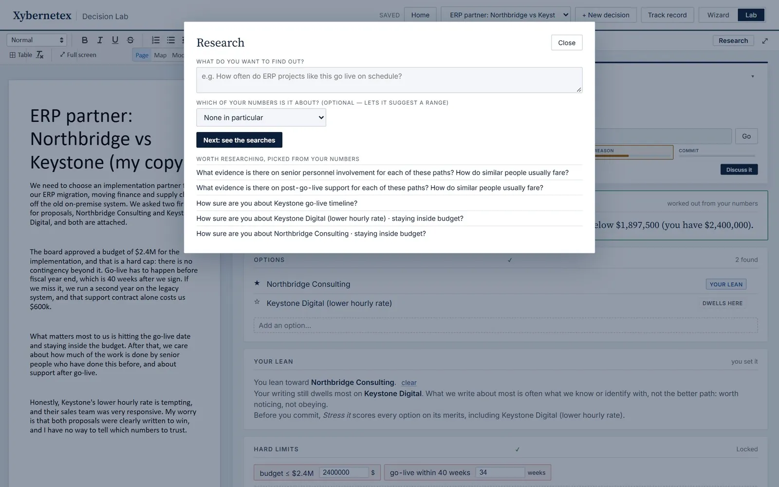 The Research window: what do you want to find out, and suggestions picked from your numbers