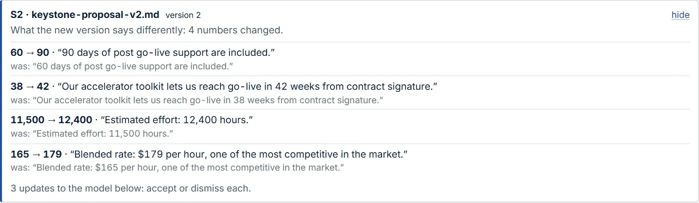 What the new version says differently: four numbers changed, each with the new and old sentence