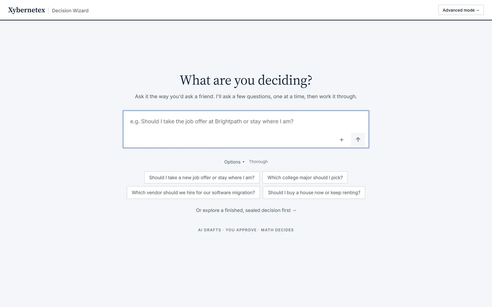The Decision Wizard: a box asking What are you deciding?, with example questions underneath